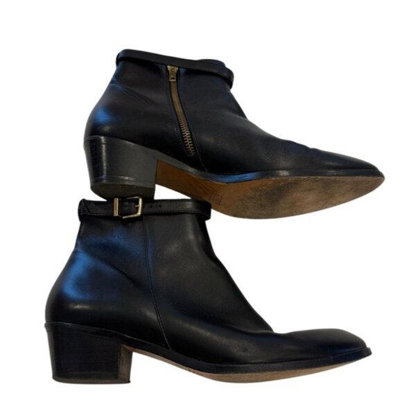 J Crew Womens Size 9.5 Bootie Heeled Italian Leather Black Side Zip With Buckle - Picture 4 of 11